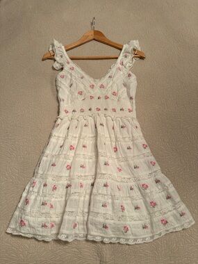 Love Shack Fancy White Floral Embroidered Sundress with Pink Roses XS